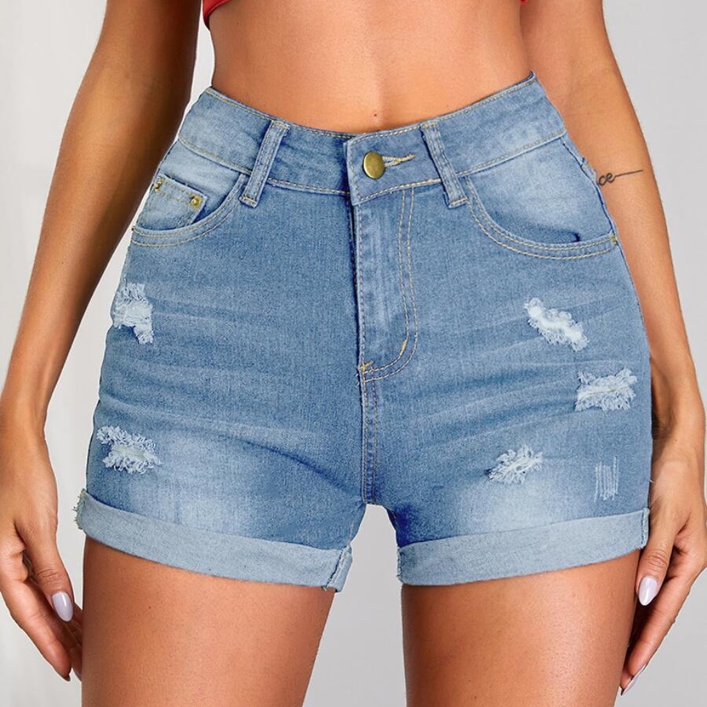 Boho Distressed Denim Blue Cuffed Hem Shorts Jean